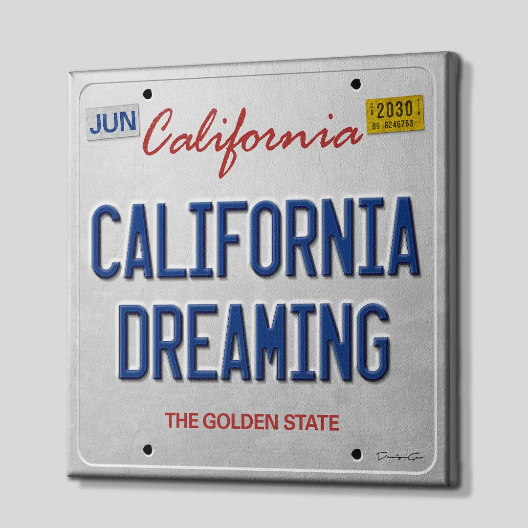 Three-quarter side angle of the California license plate canvas wall art showing gallery-wrapped white edges mounted on a wooden stretcher frame