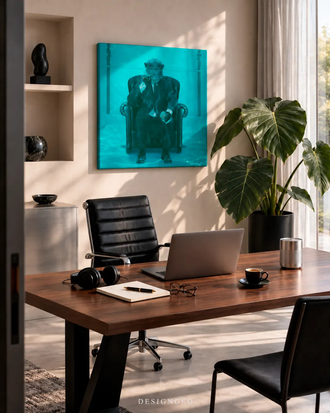 Executive home office featuring a square turquoise canvas print of a chimpanzee in a suit smoking underwater mounted on a beige wall above a walnut desk