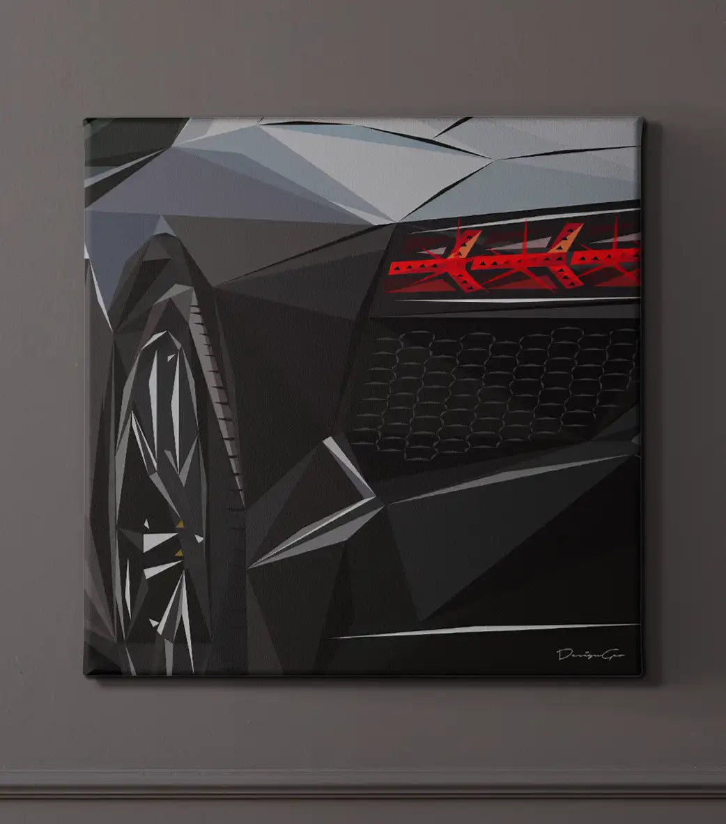 Luxury sports car canvas wall art with geometric design details and red taillights, modern automotive wall decor for contemporary and masculine interiors