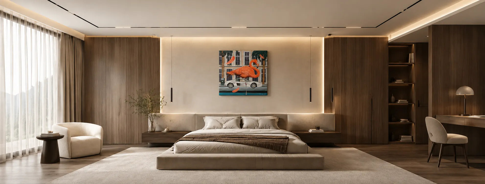 Modern luxury master bedroom suite featuring a square pink flamingo Pop Art canvas print with a white sports car and palm trees, mounted on a illuminated beige accent wall above a modern low-profile king bed