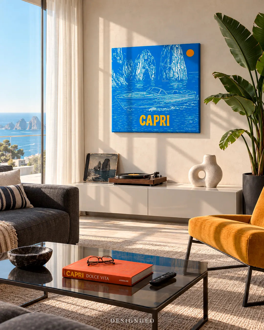 Mediterranean coastal living room featuring a square canvas print of a classic Riva speedboat in Capri mounted on a beige wall above a modern white lowboard