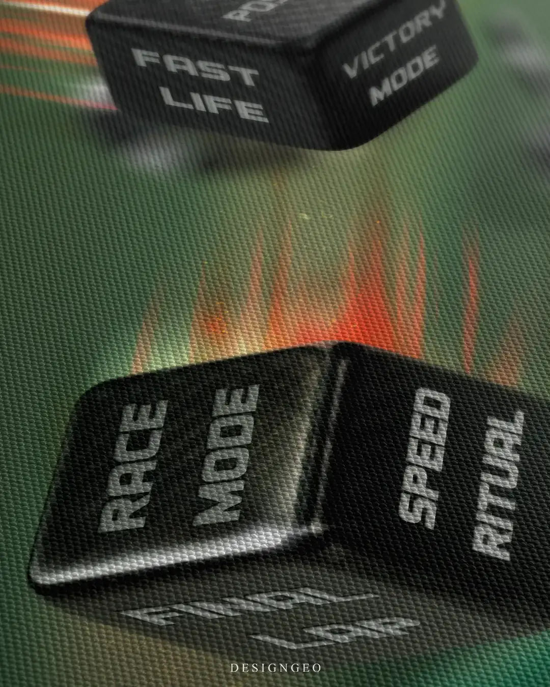 Close-up of luxury motivational wall art featuring falling carbon fiber texture dice with white inspirational typography on a vibrant green casino felt background