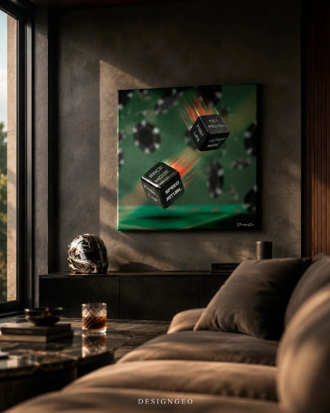 Square carbon fiber racing dice canvas print mounted on a dark charcoal wall above a modern credenza with carbon fiber accents, luxury racing collectibles, and ambient LED lighting