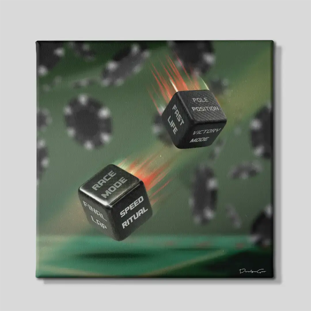 Front view of the carbon speed dice square canvas wall art, a premium decorative piece for modern executive offices, private game rooms, or automotive enthusiast spaces
