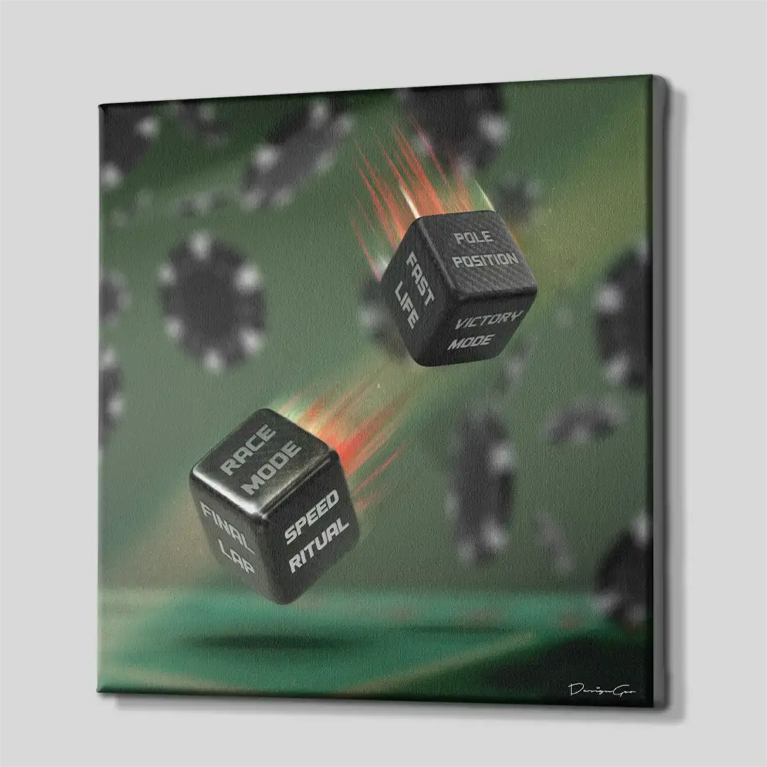 Side angle of the carbon fiber and casino-themed motivation canvas print, highlighting the high-quality gallery wrap finish and the professional 3D frame depth