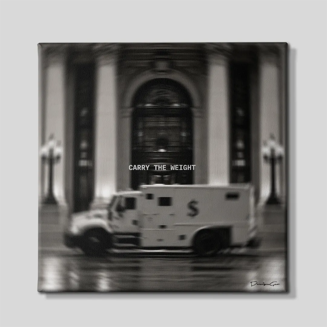 Carry The Weight armored truck motion blur and typography square canvas wall art front view 0.75 inch thin wrap