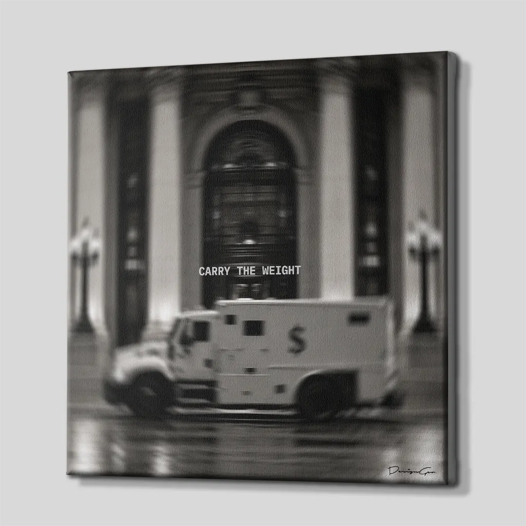 Carry The Weight armored truck motion blur typography square canvas wall art side view showing gallery wrapped edges 0.75 inch thin wrap
