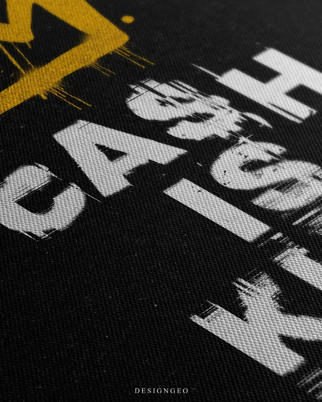 Close-up of urban motivational wall art featuring "Cash is King" in expressive street-style graffiti typography on a minimalist black background