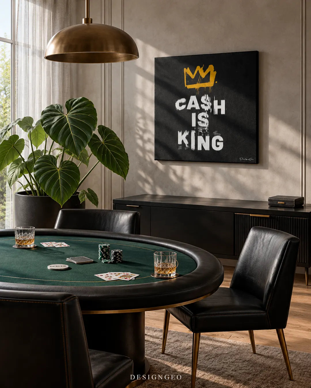 Exclusive luxury poker room featuring a square canvas print with CASH IS KING stencil typography and a yellow crown mounted on a light gray wall above a black sideboard