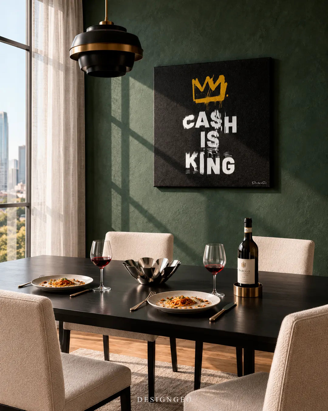 Modern luxury dining room featuring a square canvas print with CASH IS KING graffiti typography mounted on a textured dark green wall above a black dining table setting