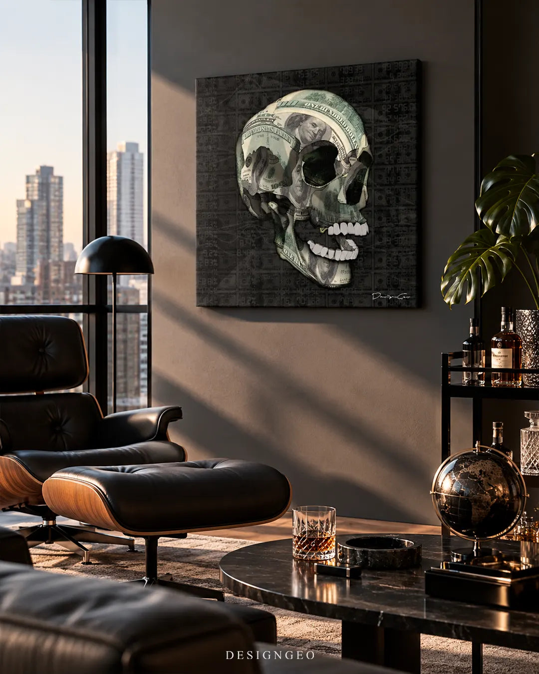 Modern luxury penthouse lounge featuring a square dollar bill skull canvas print mounted on a dark grey wall beside an Eames lounge chair and city skyline views