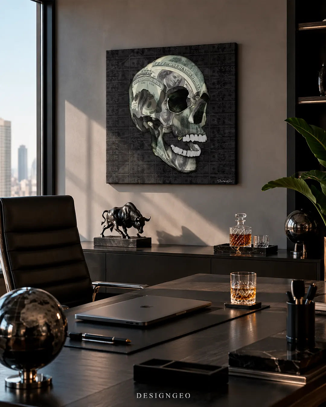 Executive office setting with a square 3D dollar money skull canvas wall art mounted on a grey wall above a black desk with a Wall Street bull statue