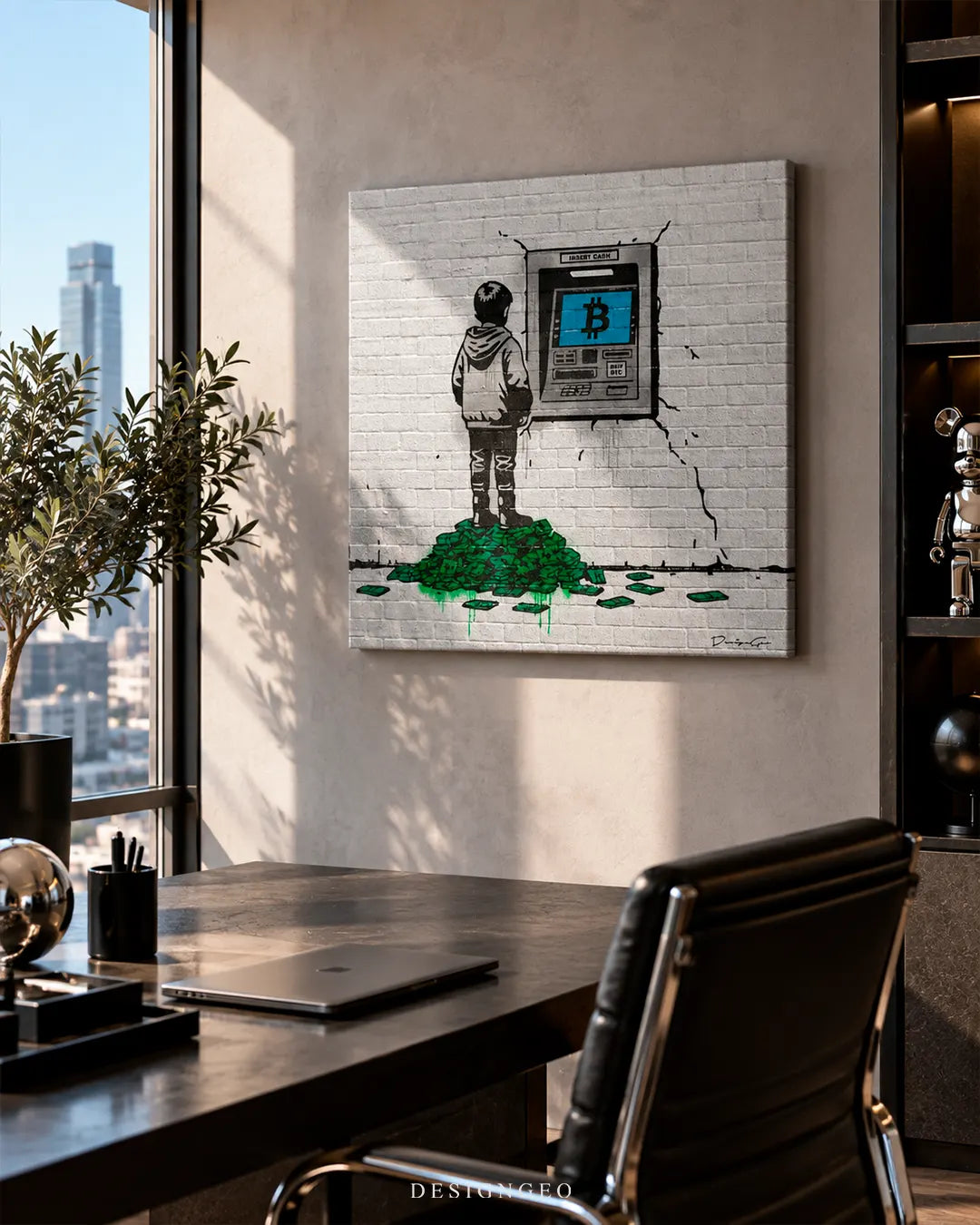 Modern executive office featuring a square Banksy-style canvas print of a boy standing on cash using a Bitcoin ATM mounted on a beige wall next to a window
