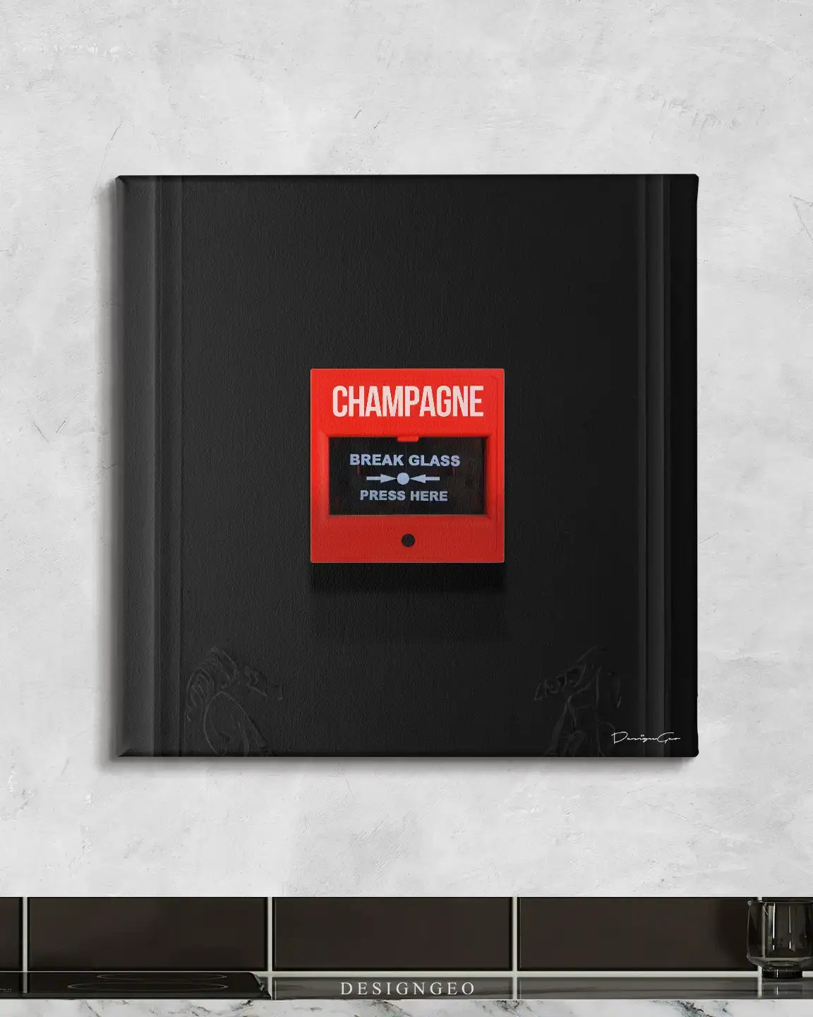 champagne emergency canvas wall art displayed on wall of modern kitchen