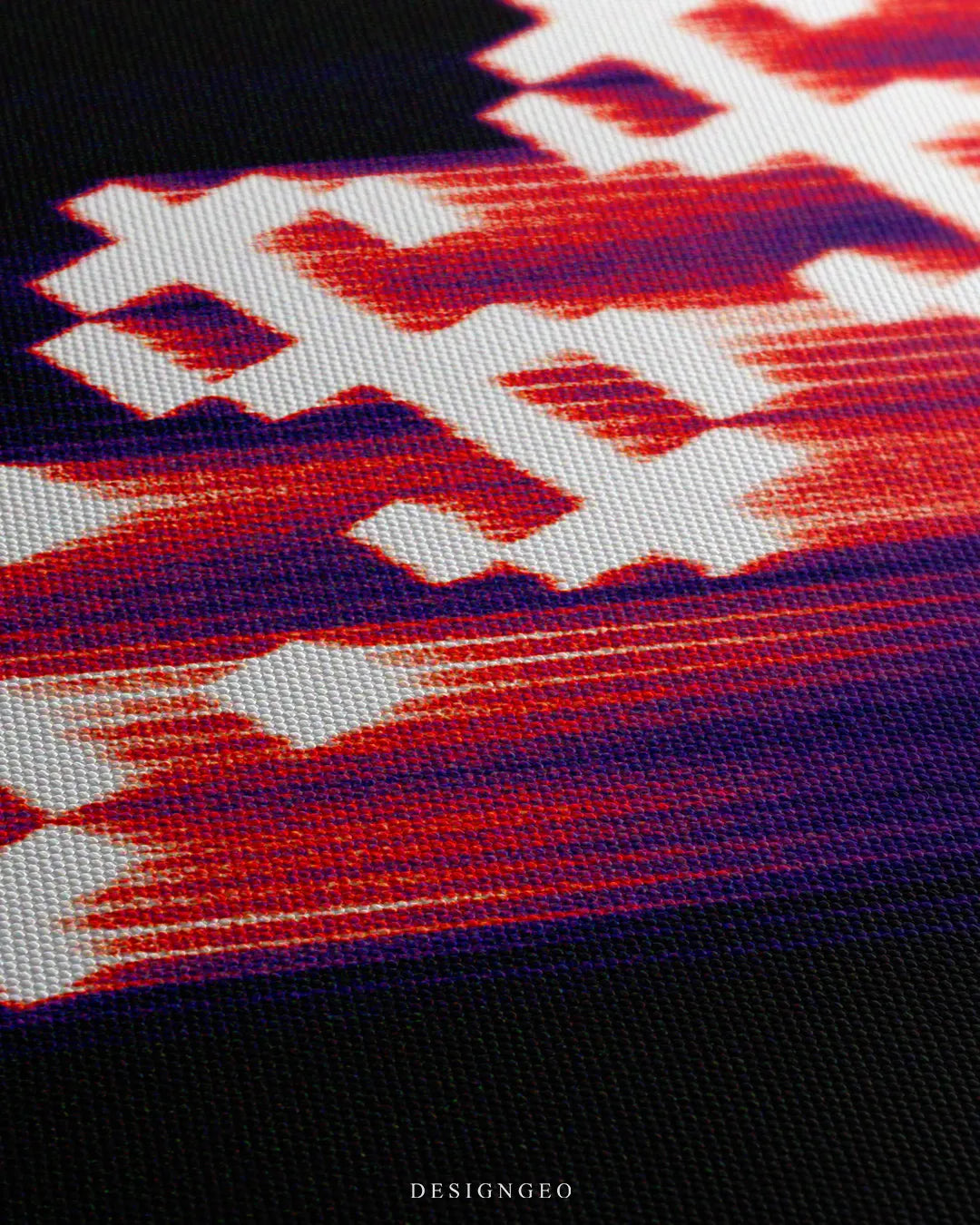 Close-up macro detail of pixelated dollar signs canvas art showing woven texture and red speed blur lines