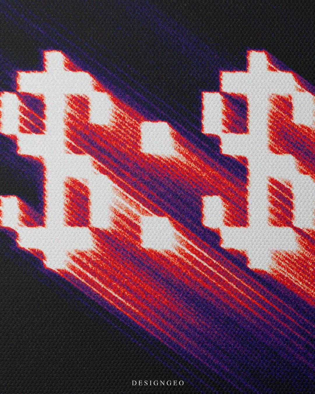 Macro view of pixelated dollar signs art print featuring dynamic red motion blur and premium canvas weave texture