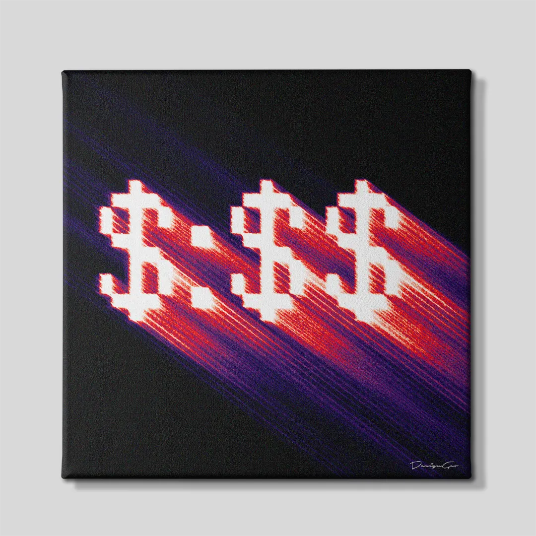 Front view of Chasing Figures square money canvas wall art displaying pixelated white dollar signs with red speed trails on black background
