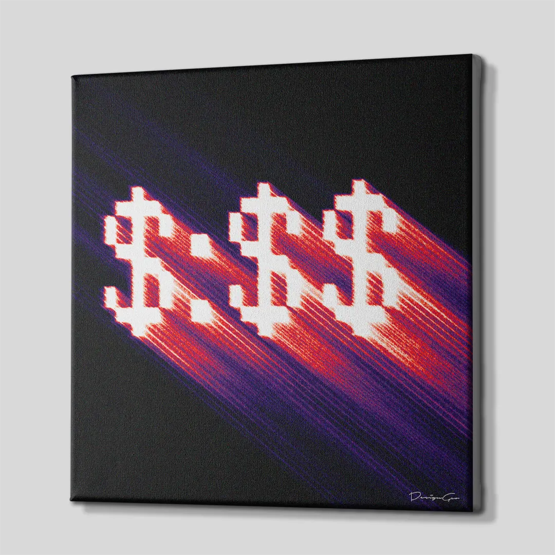 Side perspective view of Chasing Figures square canvas art showing stretched black edges and 3D frame depth