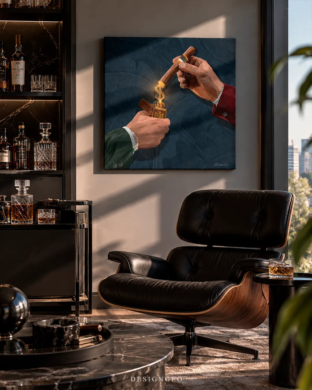 Executive home bar lounge featuring a square canvas print of two hands lighting a cigar with a gold lighter mounted beside a black Eames chair