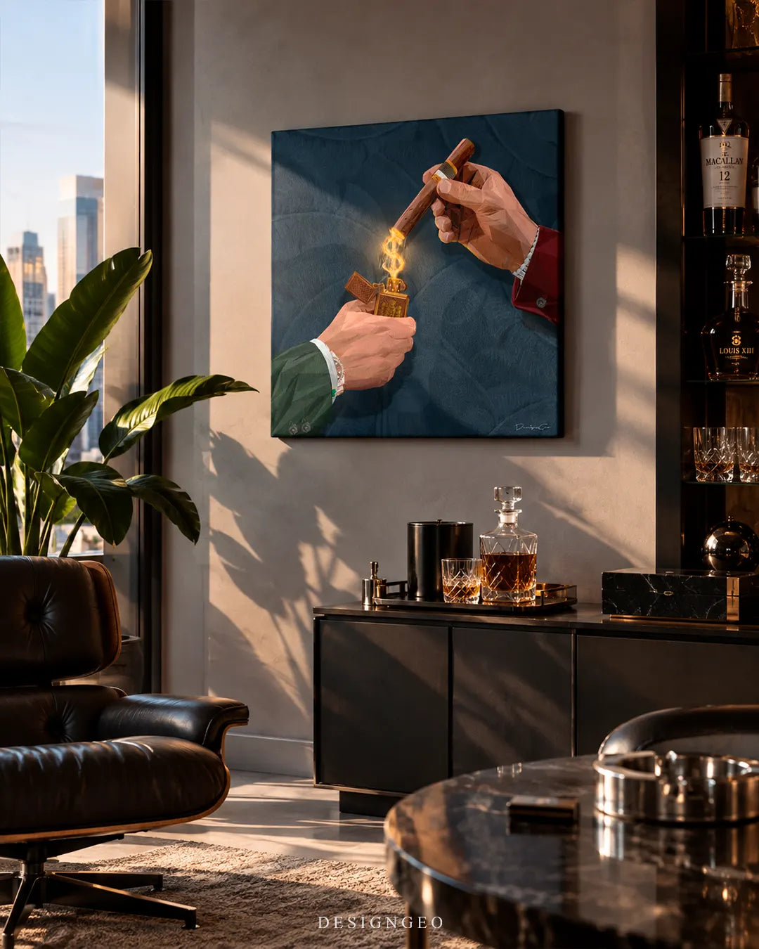 Luxury penthouse study featuring a square cigar lounge canvas wall art mounted on a beige wall above a dark bar cabinet with whiskey decanters
