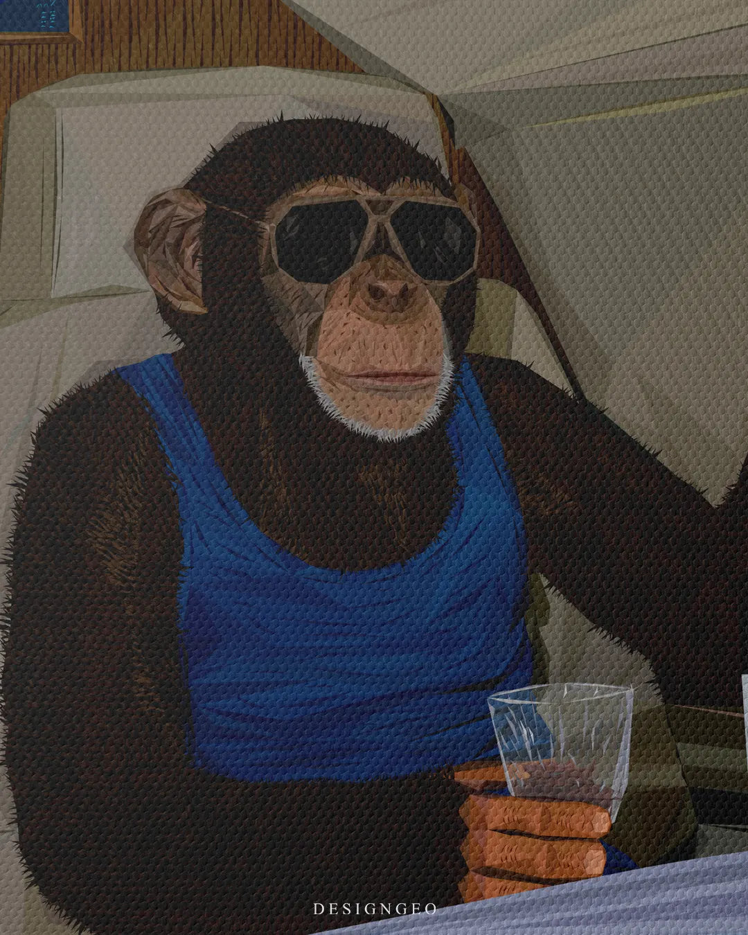 Close-up detail of a canvas print featuring a cool chimpanzee wearing dark sunglasses and a blue tank top holding a drink in a private jet