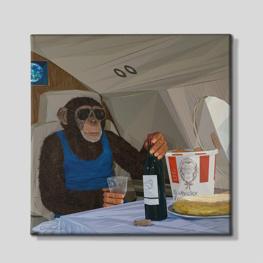 Front view of a square canvas print depicting a chimpanzee in sunglasses inside a private jet holding red wine with fried chicken and Spanish tortilla on a table