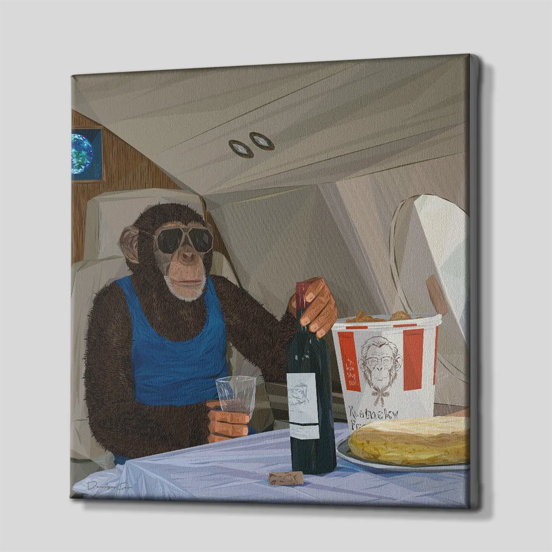 Side perspective view of a square canvas print showing a chimpanzee drinking wine in a private jet cabin displaying wrapped canvas edges against a studio background