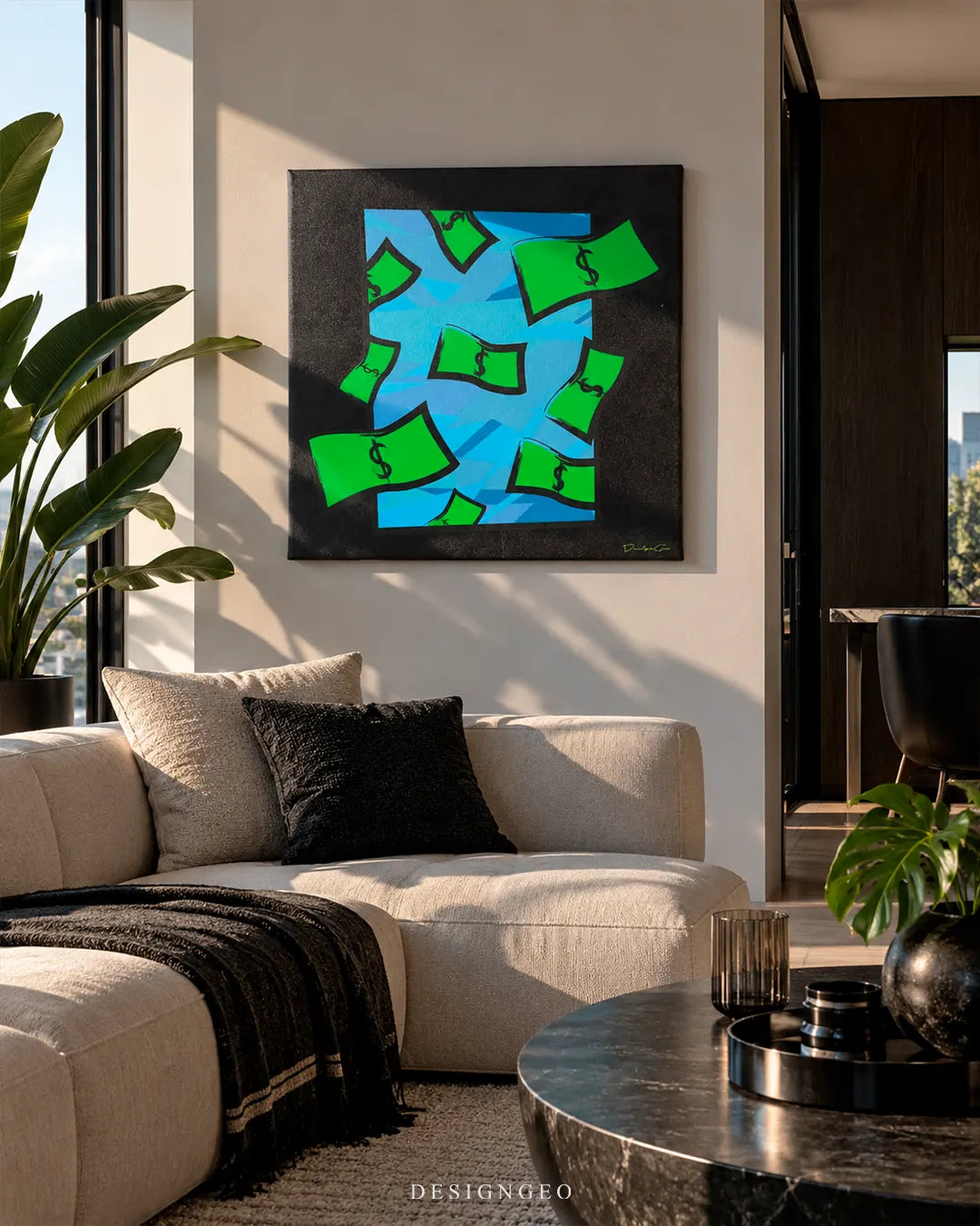 Modern luxury living room featuring a square Pop Art canvas print of green flying money bills mounted on a beige wall behind a cream sectional sofa