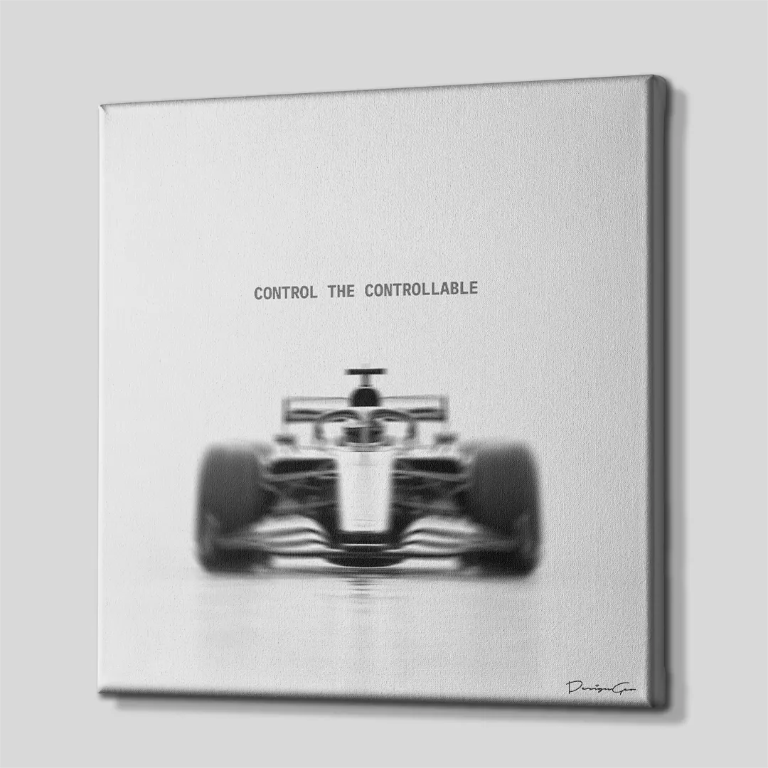 Side perspective view of black and white square canvas art showing Formula 1 race car design with white gallery wrapped edge 0.75 inch thin wrap