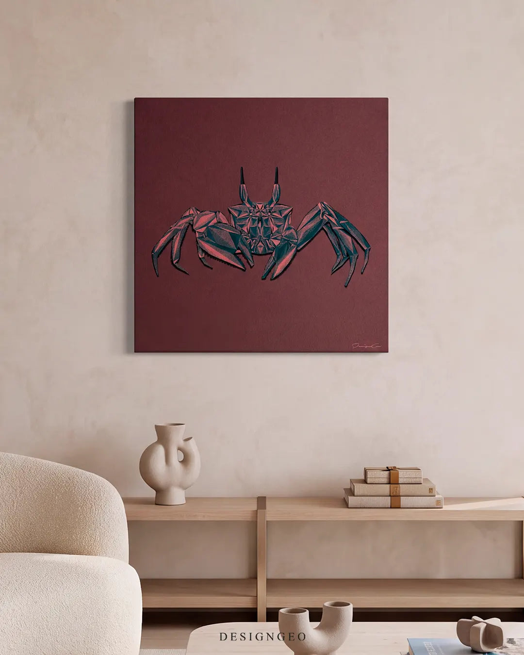 Minimalist living room setup with the square geometric crab canvas art mounted on a beige wall above a wooden sideboard and ceramic decor