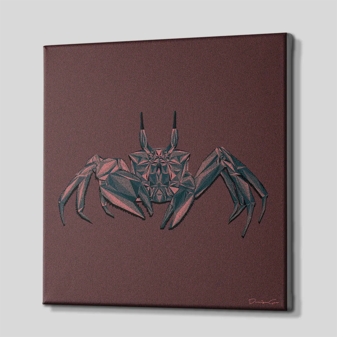 Three-quarter side angle of the square geometric crab canvas wall art, highlighting gallery-wrapped finished edges over a thick wood frame