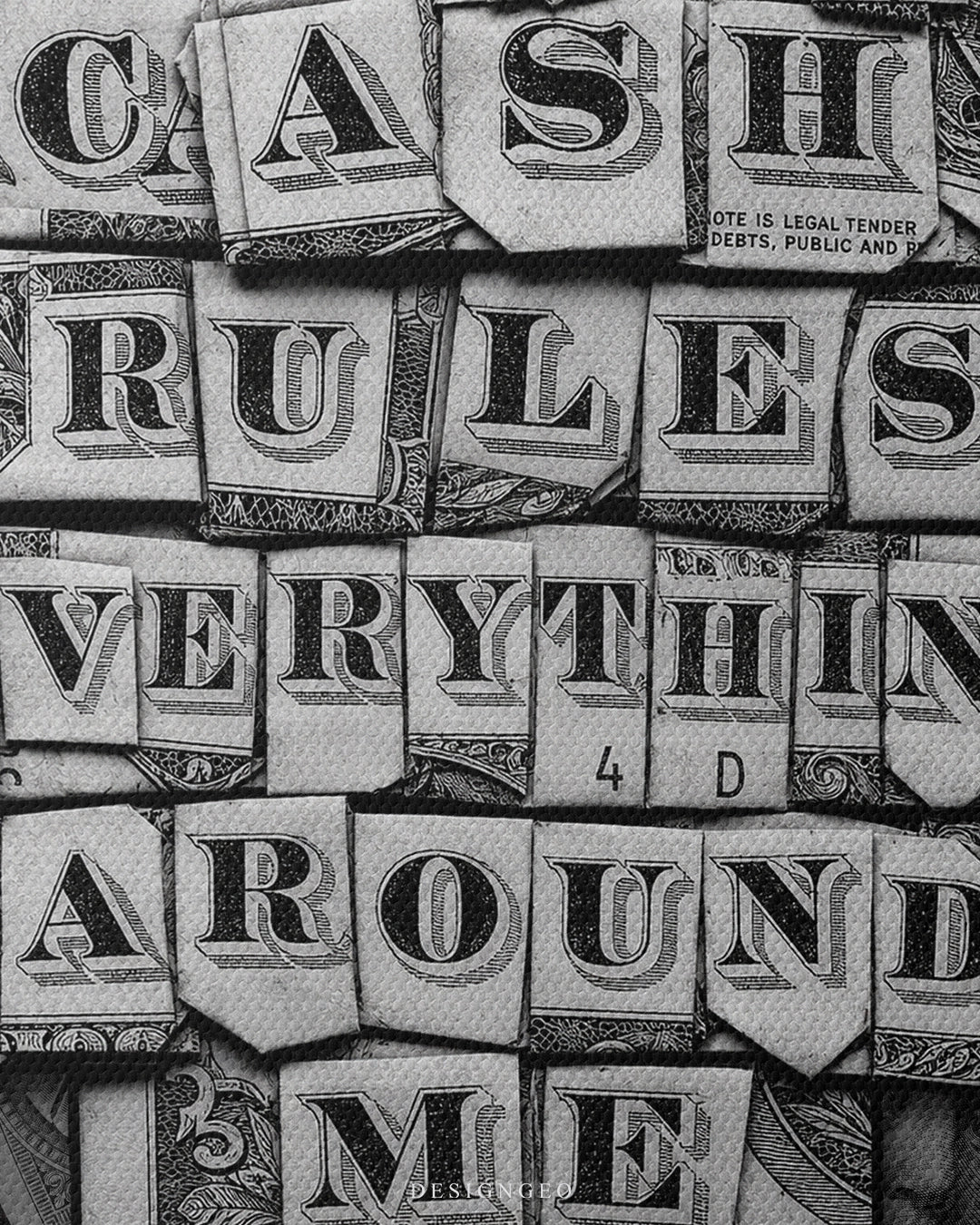 Close-up front view of the "Cash Rules Everything Around Me" canvas art, highlighting individual dollar bill cutout letters, serial numbers, and engrave-style textures