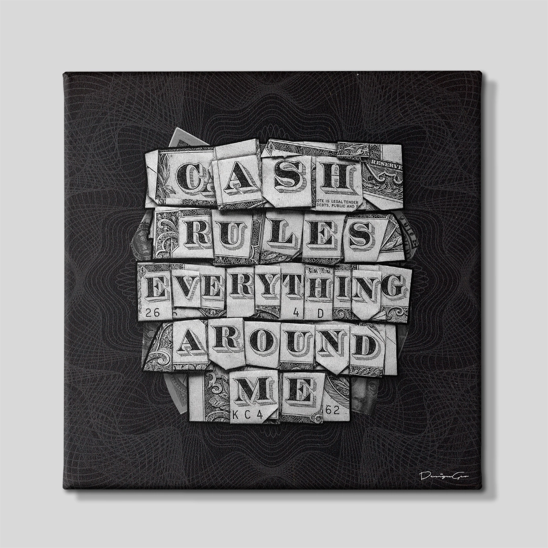 Front view of the square "Cash Rules Everything Around Me" canvas print, displaying dollar bill collage typography centered over a dark guilloche security pattern background