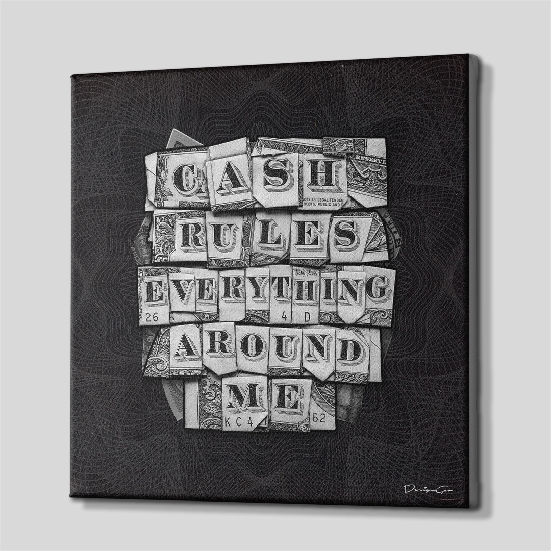Three-quarter side angle of the square "Cash Rules Everything Around Me" money collage canvas art, showing dark gallery-wrapped edges mounted on solid wooden stretcher bars
