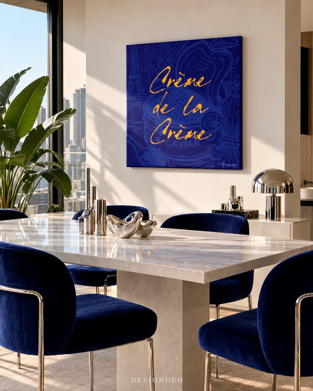 Modern penthouse dining area featuring a square blue and gold Crème de la Crème canvas wall art mounted on a cream wall above royal blue velvet chairs and a marble table