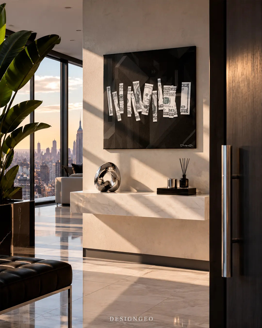 Luxury penthouse foyer featuring a square black canvas print of a shredded dollar bill mounted above a floating white marble console with city skyline views
