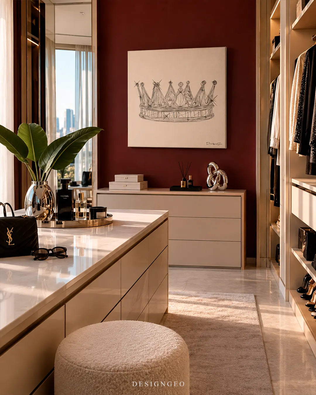 High-end luxury walk-in closet featuring a square canvas print of a minimalist geometric crown sketch mounted on a deep burgundy accent wall above a beige dresser
