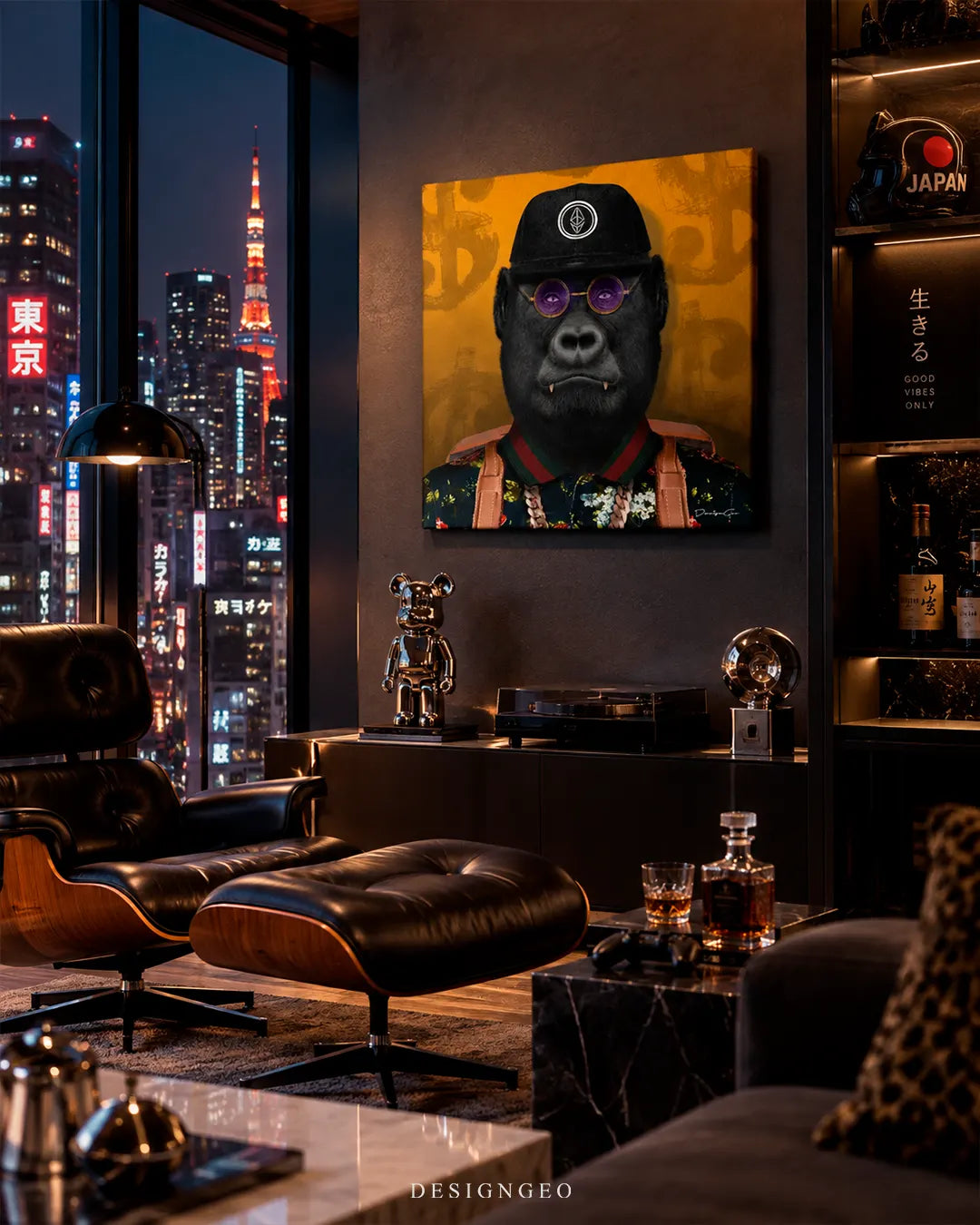 Dark modern penthouse lounge overlooking the Tokyo skyline featuring a square gold canvas print of a crypto trader gorilla mounted above a vinyl setup next to an Eames lounge chair
