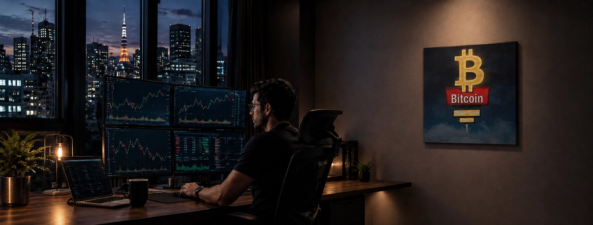Modern luxury crypto trading room at night featuring a square Bitcoin sign canvas wall art on a dark gray wall, next to a trader analyzing multiple financial chart screens on a wooden desk with a city skyline view