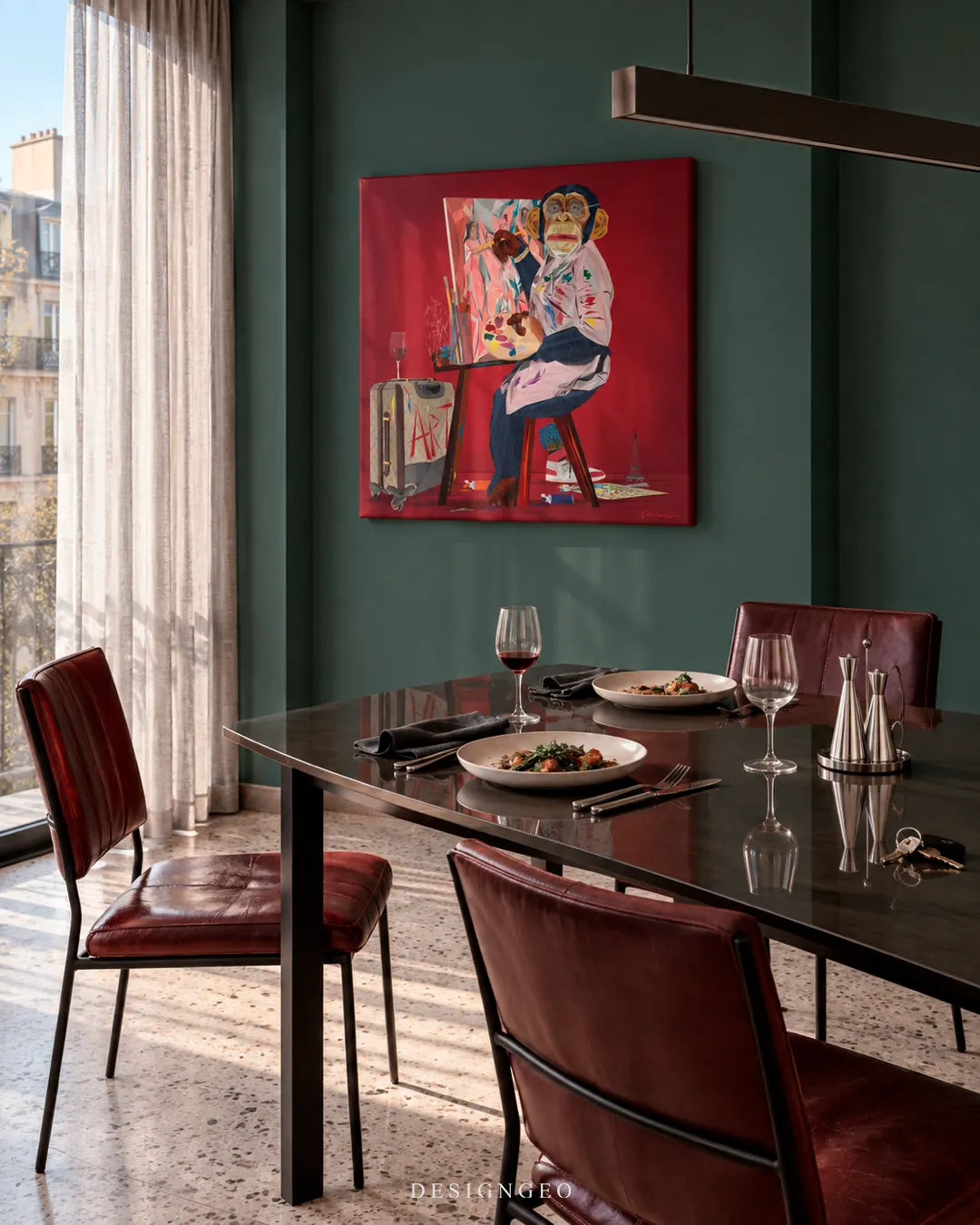 Square canvas print featuring a cubist monkey artist hanging on a dark green wall in an elegant dining room with leather chairs