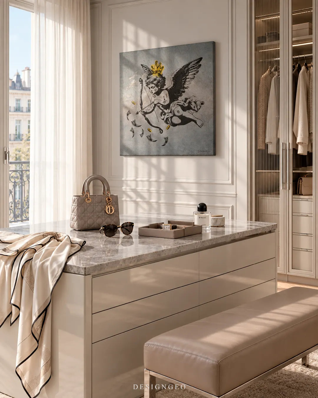Square canvas print of a Banksy style cupid stencil shooting dollar bills mounted on a beige wall in a luxury walk-in closet above a marble vanity island