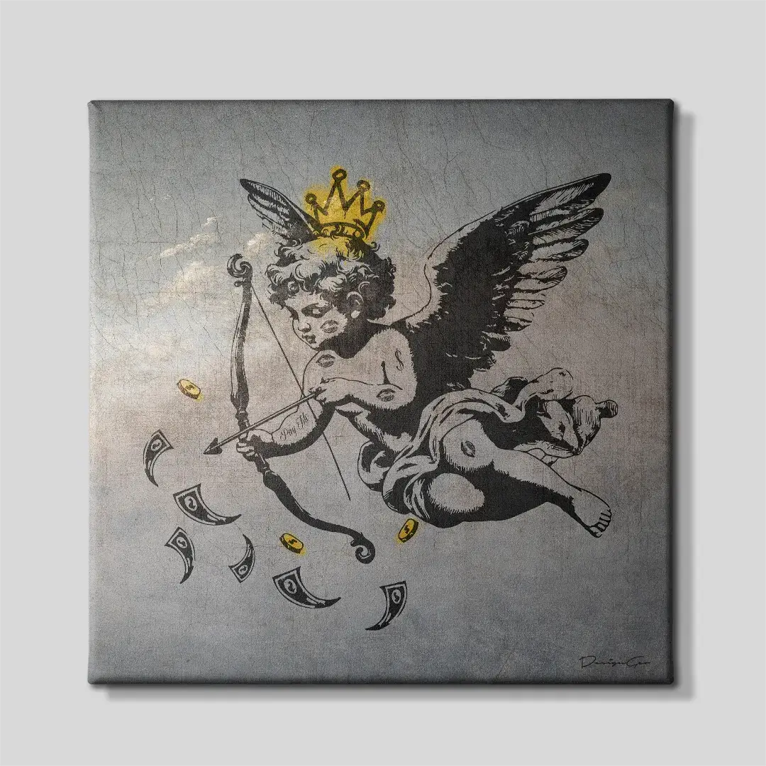 Modern canvas wall art featuring cupid money graffiti for interior decor