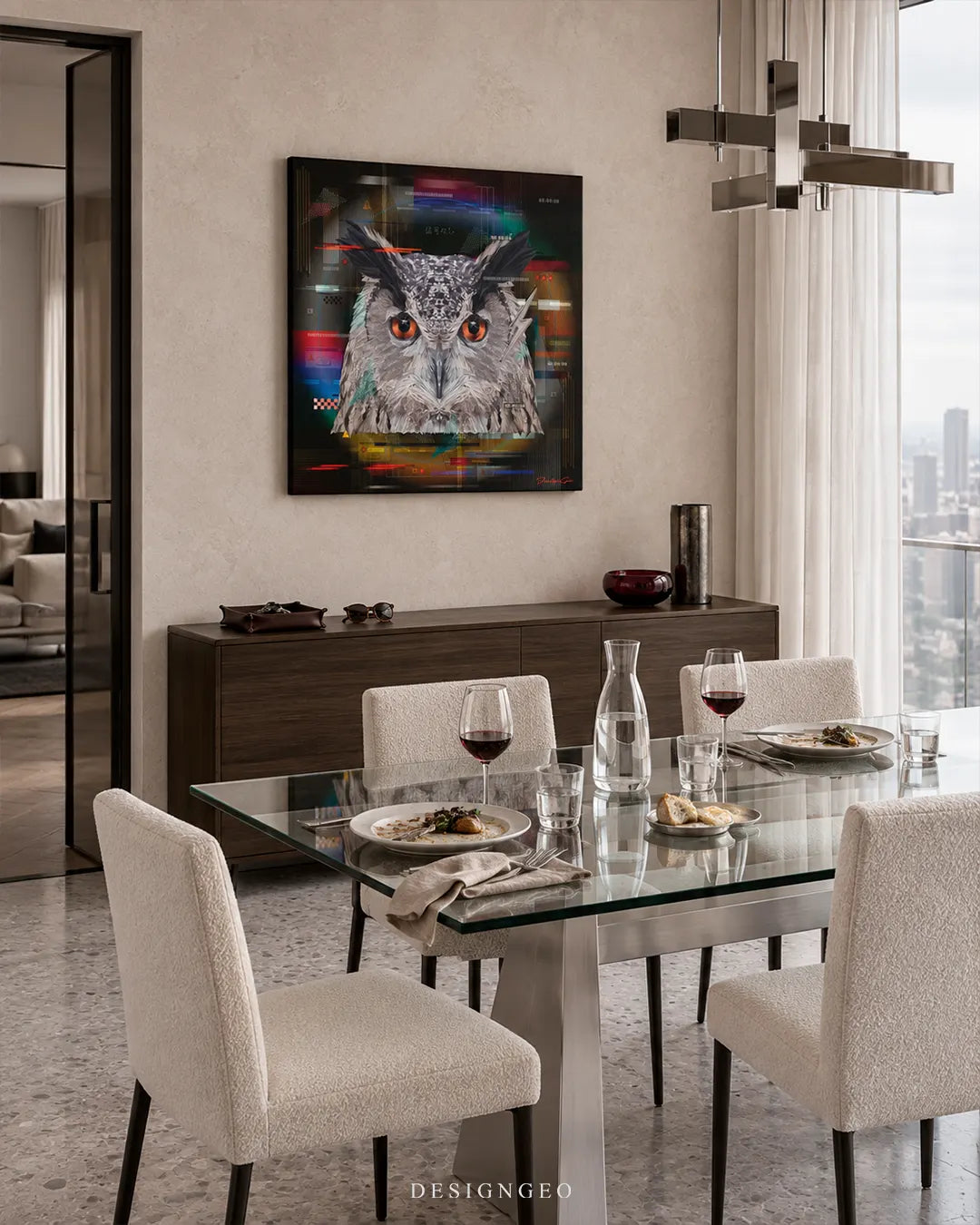 Square canvas print featuring a detailed cyberpunk owl portrait with orange eyes mounted on a beige wall above a sideboard in a modern luxury dining room