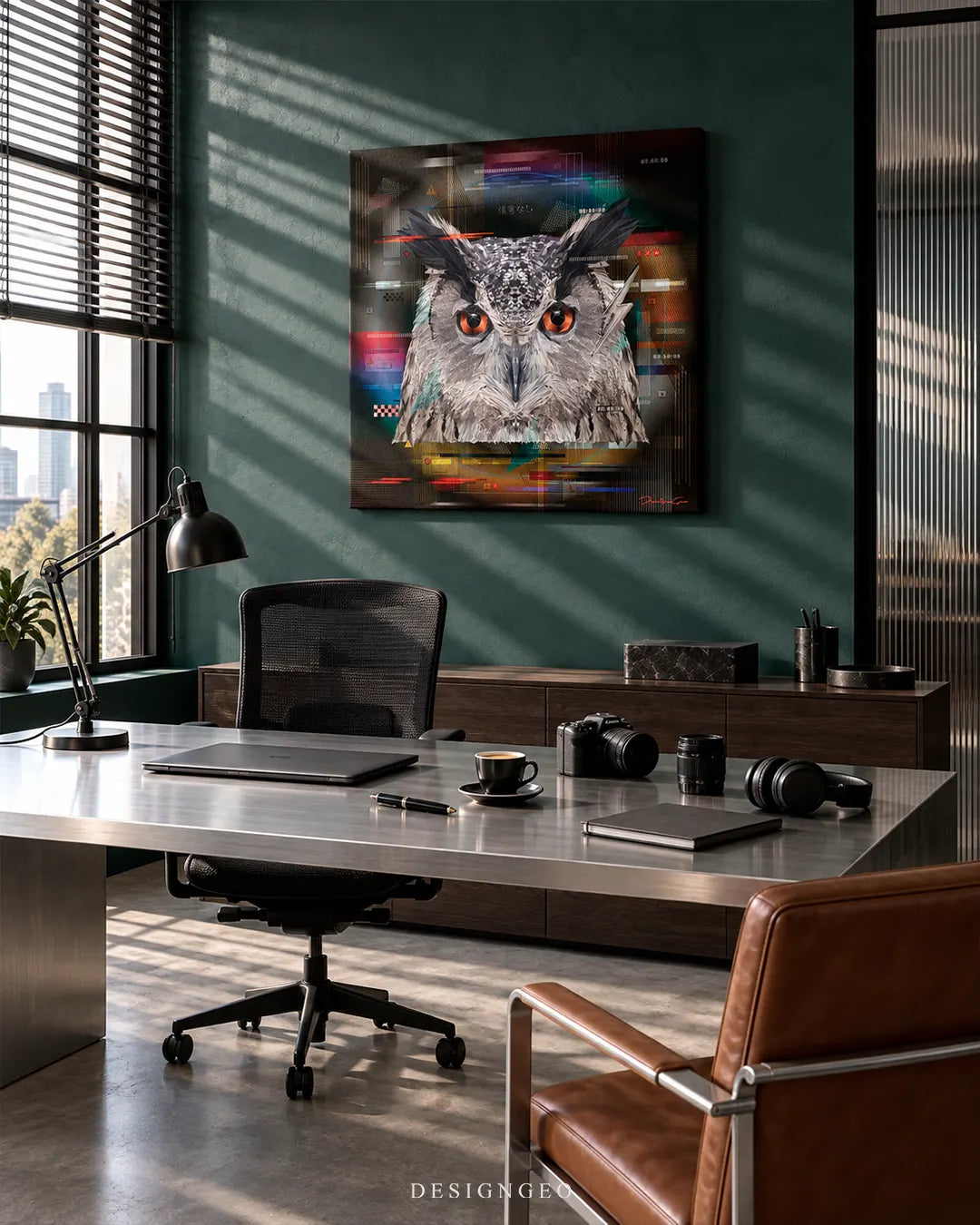 Square canvas print featuring a vibrant cyberpunk owl hanging on a dark green wall in a sunlit modern home office with a stainless steel desk