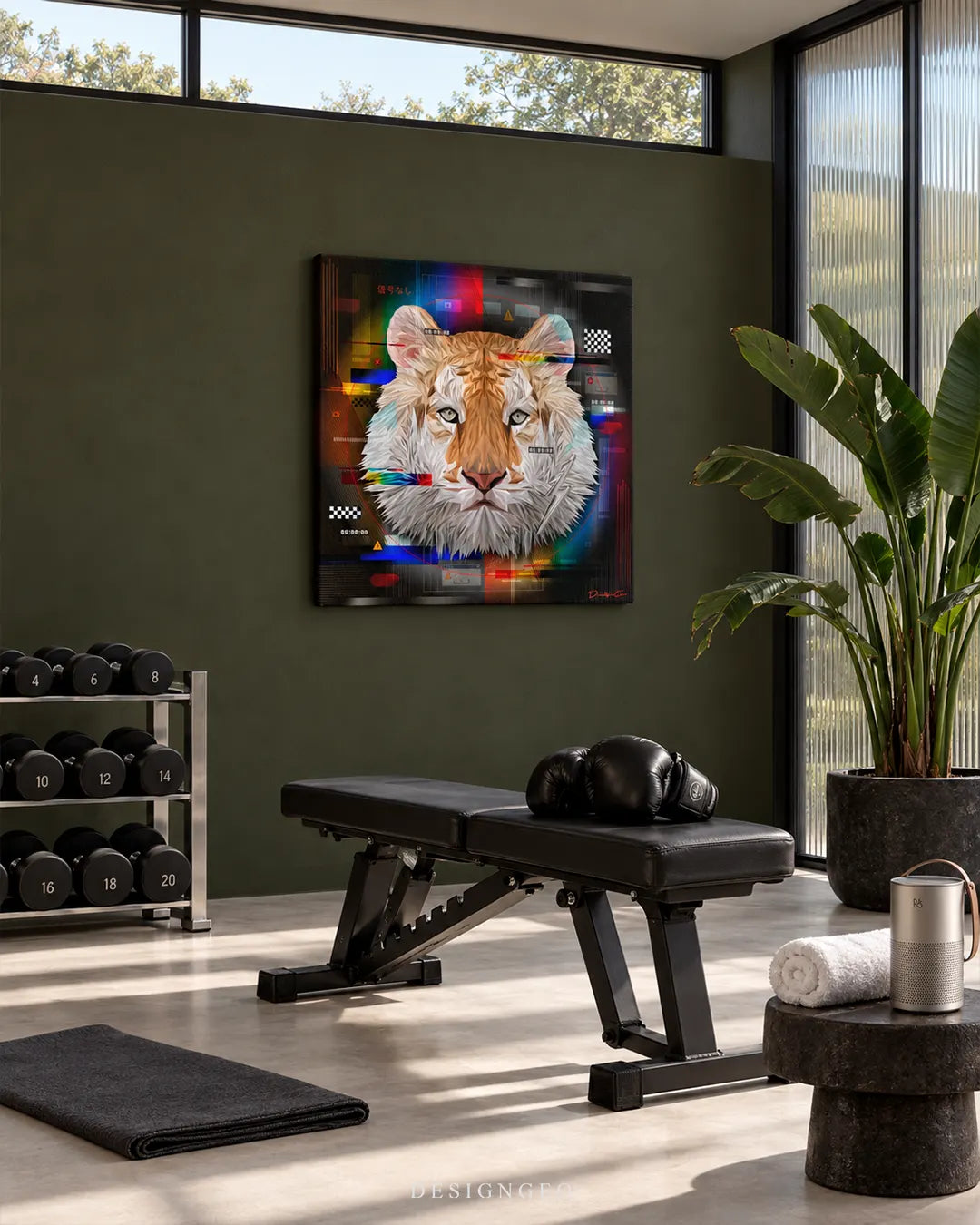 Square canvas print featuring a cyberpunk white tiger portrait hanging on an olive green wall in a modern home gym above a weight bench