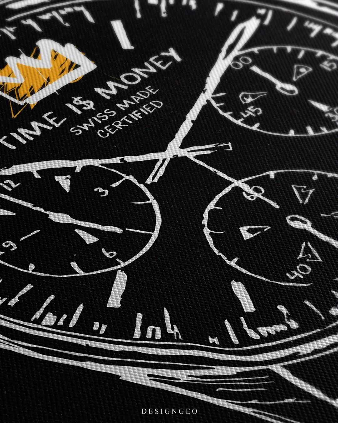 Detailed macro view displaying the three watch sub-dials, white chalk-style watch hands, Swiss Made Certified text, and black woven canvas background