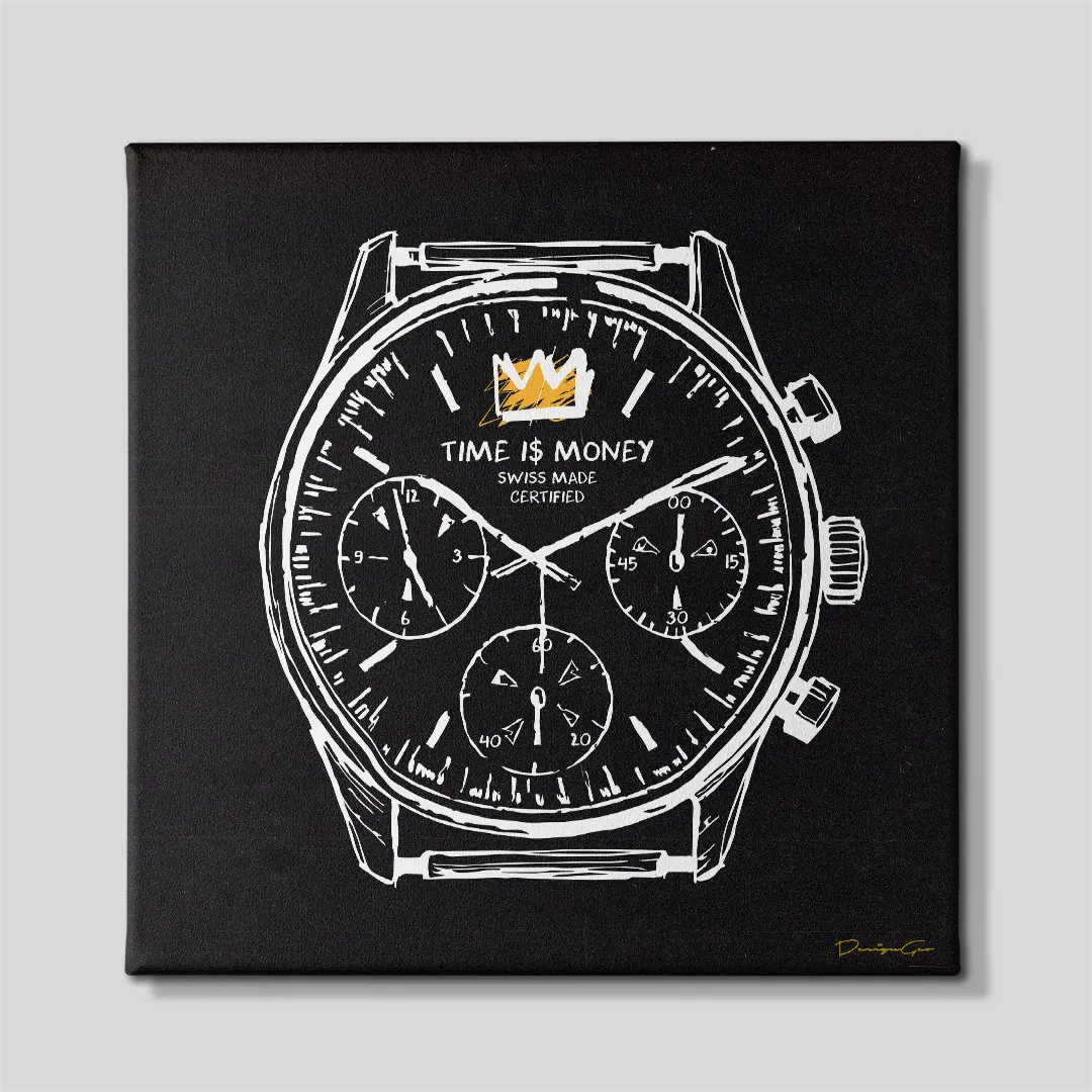 Front view of a square black canvas print featuring a white sketched luxury chronograph watch face with a yellow crown icon and Time Is Money typography