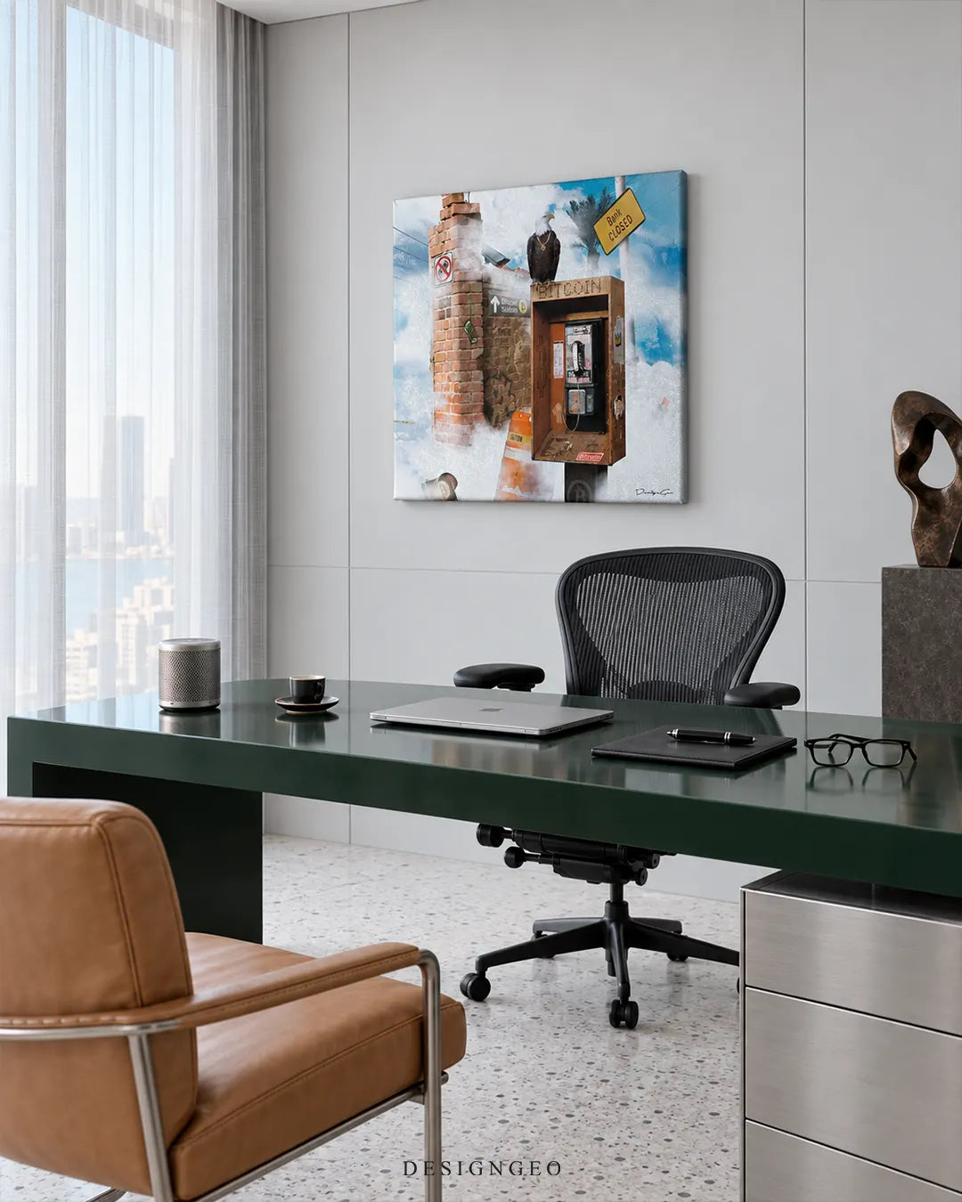 Square canvas print of a surreal crypto landscape with a Bitcoin payphone and bald eagle mounted on a grey wall in a modern executive office above a dark green desk