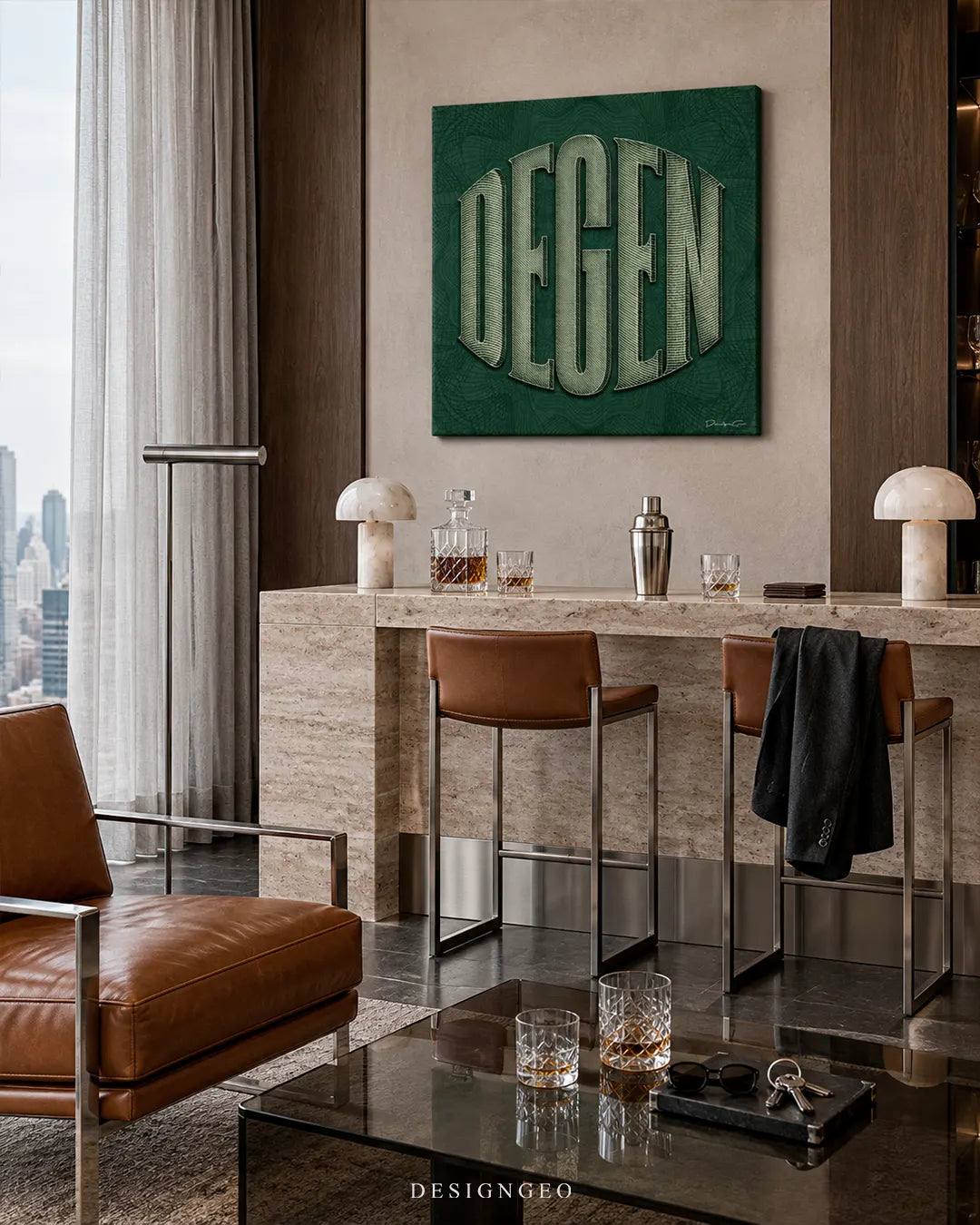 Square green canvas print with textured DEGEN typography mounted on a beige wall in a luxury home bar above a marble counter with leather barstools