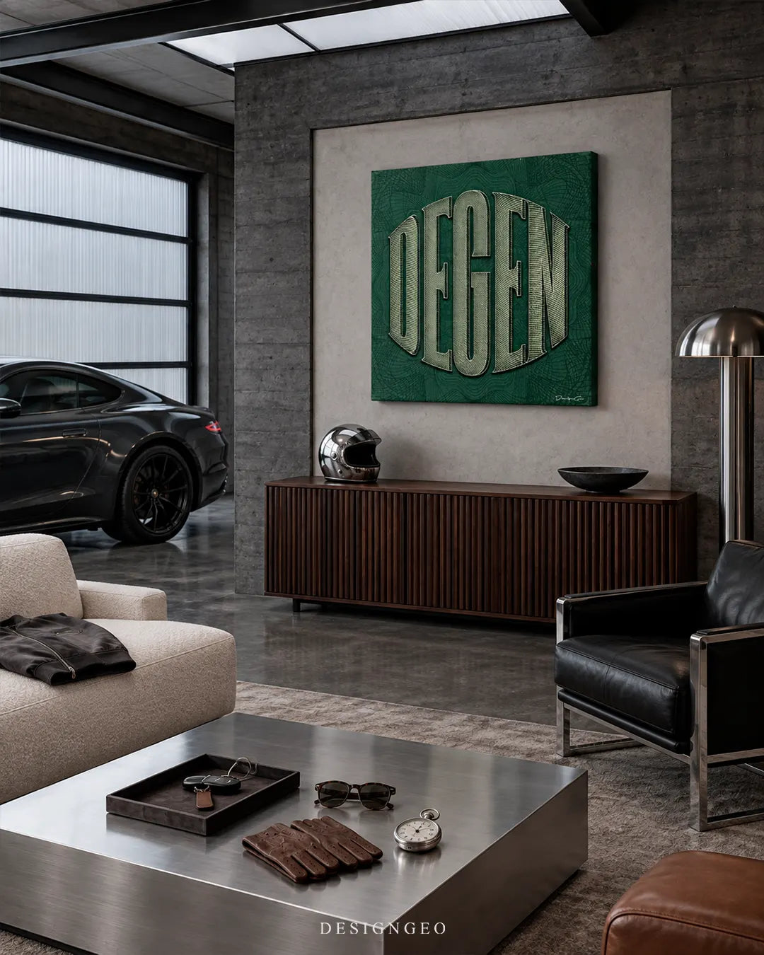 Square canvas print featuring green DEGEN crypto typography hanging on a grey wall in a modern industrial lounge next to a sports car